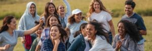 corporate event team challenge with people smiling and competing